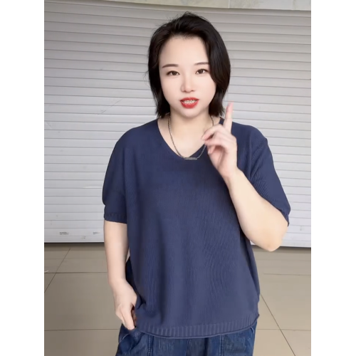夏季純色氣質短袖V領針織衫女韓版大碼寬松打底衫極簡風套頭上衣