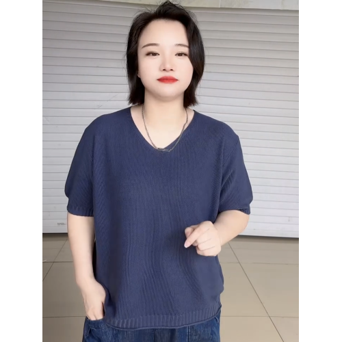 夏季純色氣質短袖V領針織衫女韓版大碼寬松打底衫極簡風套頭上衣
