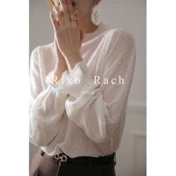 Rixo Rach新款半高領喇叭袖設計感蕾絲打底衫女針織長袖洋氣上衣