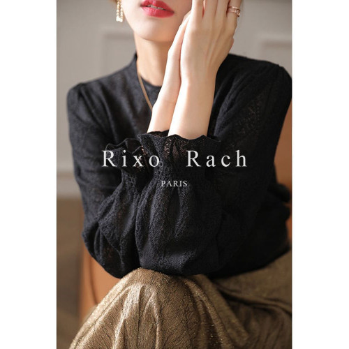 Rixo Rach新款半高領喇叭袖設計感蕾絲打底衫女針織長袖洋氣上衣