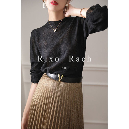 Rixo Rach新款半高領喇叭袖設計感蕾絲打底衫女針織長袖洋氣上衣
