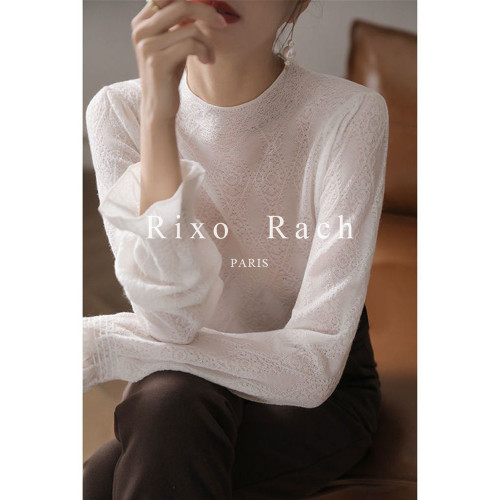 Rixo Rach新款半高領喇叭袖設計感蕾絲打底衫女針織長袖洋氣上衣