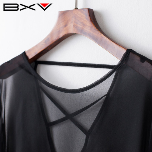 BXV黑色防曬衣真絲罩衫女2025夏新款套頭露背防曬服桑蠶絲上衣潮