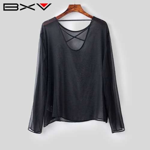 BXV黑色防曬衣真絲罩衫女2025夏新款套頭露背防曬服桑蠶絲上衣潮
