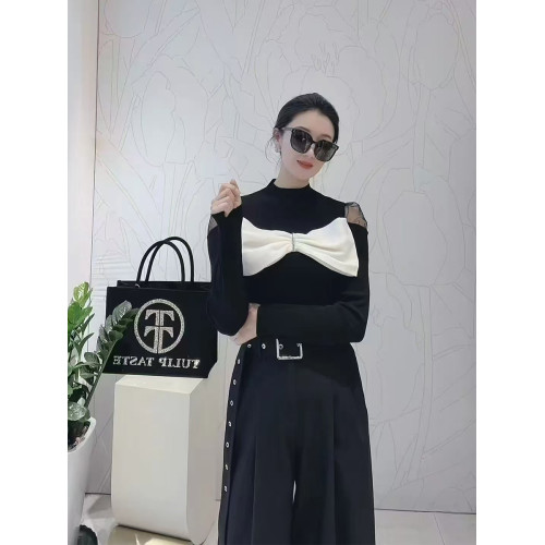 黑色蝴蝶結露肩法式上衣女2025春新款氣質高級感針織衫長袖打底衫