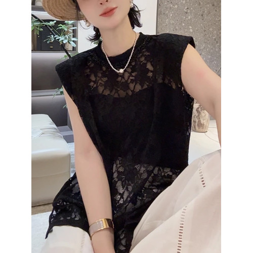 2026夏季款黑色大碼女裝胖MM鏤空蕾絲衫可露麗穿搭打底衫遮肉上衣