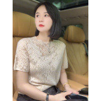 2026年夏季新款杏色針織衫女冰絲蕾絲鏤空圓領短袖打底衫顯瘦上衣