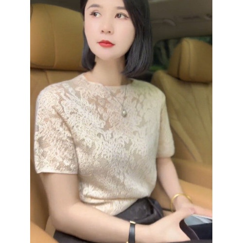 2026年夏季新款杏色針織衫女冰絲蕾絲鏤空圓領短袖打底衫顯瘦上衣