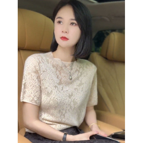 2026年夏季新款杏色針織衫女冰絲蕾絲鏤空圓領短袖打底衫顯瘦上衣