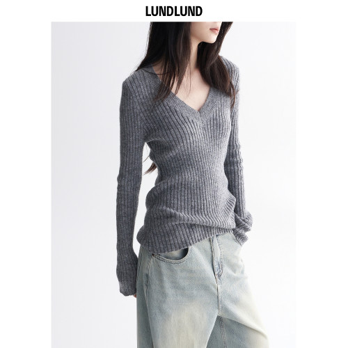 LUNDLUND 紙片人慵懶開衩袖針織打底衫女春夏百搭V領顯瘦長袖上衣