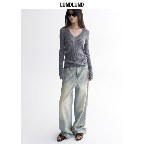 LUNDLUND 紙片人慵懶開衩袖針織打底衫女春夏百搭V領顯瘦長袖上衣