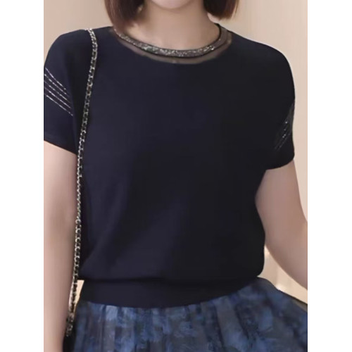 2025夏季新款女裝藍色圓領短袖毛針織衫女寬松套頭打底衫時尚洋氣