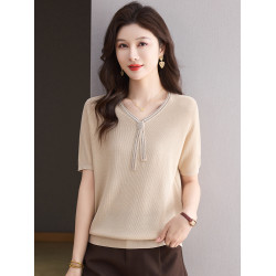 桑蠶絲針織衫女寬松薄款上衣短款短袖r恤時尚減齡媽媽裝V領打底衫