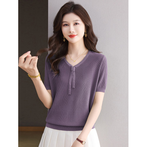 桑蠶絲針織衫女寬松薄款上衣短款短袖r恤時尚減齡媽媽裝V領打底衫