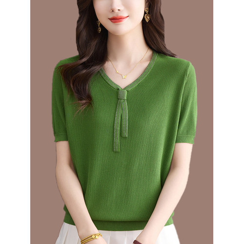 桑蠶絲針織衫女寬松薄款上衣短款短袖r恤時尚減齡媽媽裝V領打底衫