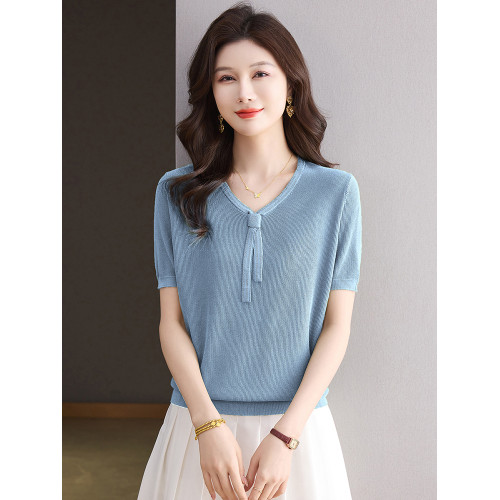 桑蠶絲針織衫女寬松薄款上衣短款短袖r恤時尚減齡媽媽裝V領打底衫
