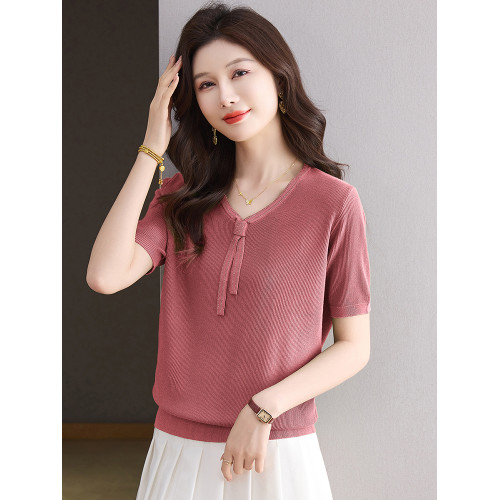 桑蠶絲針織衫女寬松薄款上衣短款短袖r恤時尚減齡媽媽裝V領打底衫