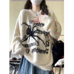 圓領蜘蛛毛衣女秋冬季慵懶風高中初中學生12大童15嵗13女孩打底衫
