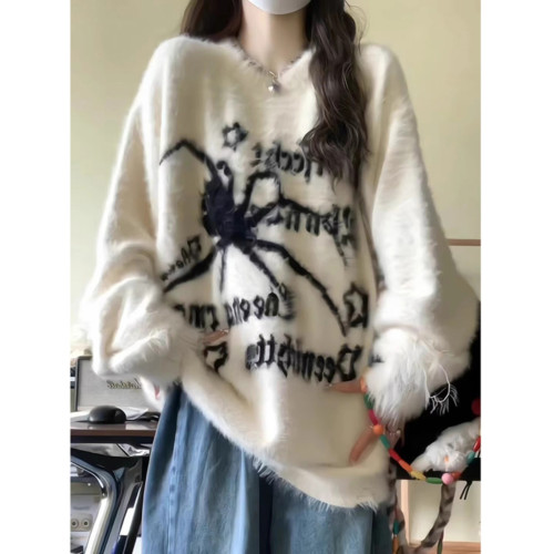 圓領蜘蛛毛衣女秋冬季慵懶風高中初中學生12大童15嵗13女孩打底衫