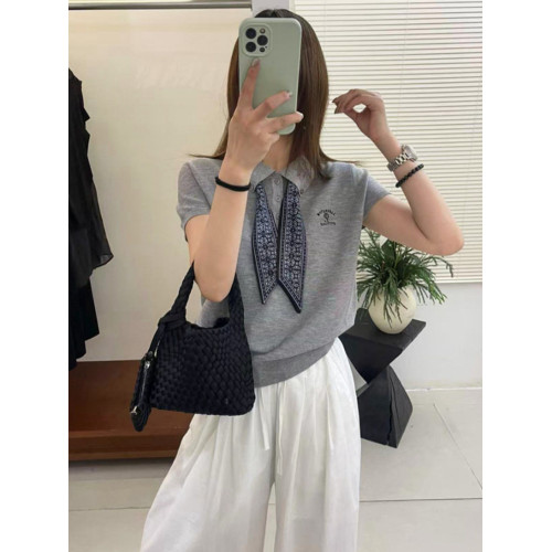 灰色繙領冰絲針織衫女夏季新款歐貨高檔女裝洋氣桑蠶絲打底衫上衣