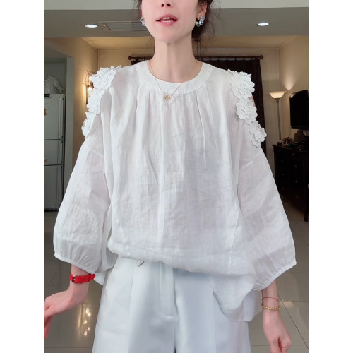 2025年夏季新款白色女裝胖MM短袖襯衫淡人穿搭蕾絲勾花打底衫上衣