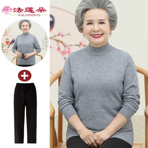 中老年人女媽媽黑色針織打底衫上衣服老太太奶奶春秋冬裝純色毛衣