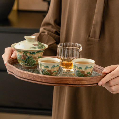 五彩山水玲瓏三才蓋碗旅行功夫茶具一壺兩杯戶外可攜式泡茶杯 五彩山水玲瓏三才蓋碗旅行功夫茶具一壺兩杯戶外可攜式泡茶杯