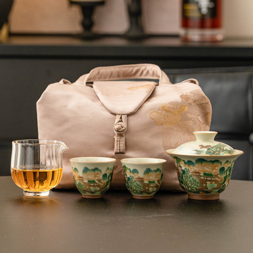 五彩山水玲瓏三才蓋碗旅行功夫茶具一壺兩杯戶外可攜式泡茶杯 五彩山水玲瓏三才蓋碗旅行功夫茶具一壺兩杯戶外可攜式泡茶杯