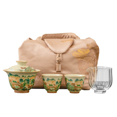 五彩山水玲瓏三才蓋碗旅行功夫茶具一壺兩杯戶外可攜式泡茶杯 五彩山水玲瓏三才蓋碗旅行功夫茶具一壺兩杯戶外可攜式泡茶杯