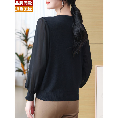 桑蠶絲針織打底衫女長袖上衣早秋裝2025新款薄款蕾絲紗袖v領毛衣