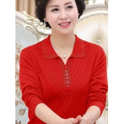 長袖針織衫女寬松薄款翻領2024春季新款中老年純色毛衣百搭打底衫