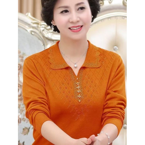 長袖針織衫女寬松薄款翻領2024春季新款中老年純色毛衣百搭打底衫