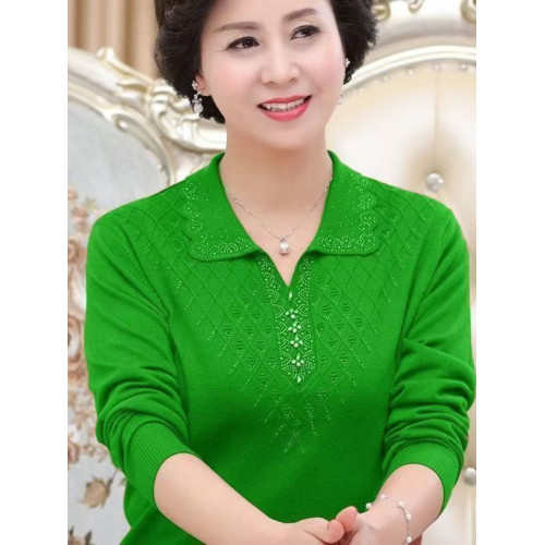 長袖針織衫女寬松薄款翻領2024春季新款中老年純色毛衣百搭打底衫