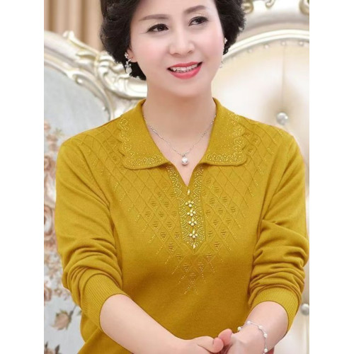 長袖針織衫女寬松薄款翻領2024春季新款中老年純色毛衣百搭打底衫