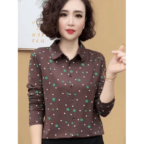時尚媽媽裝圓點襯衫女2025春夏款中老年女裝長袖襯衣百搭翻領上衣