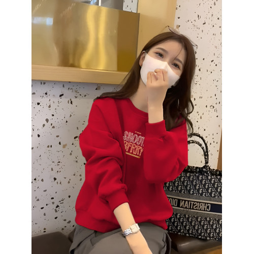 藏藍色圓領衛衣女2025新款爆款秋冬套頭寬松打底衫小個子短款上衣
