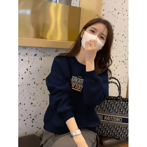 藏藍色圓領衛衣女2025新款爆款秋冬套頭寬松打底衫小個子短款上衣