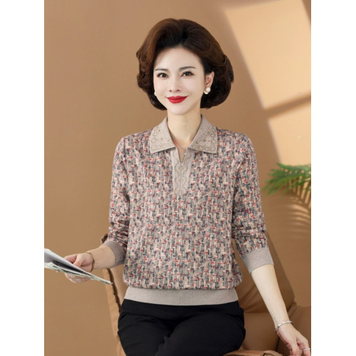 春秋裝上衣服媽媽秋天中老年女裝t恤025新款薄帶領女款小個子大碼