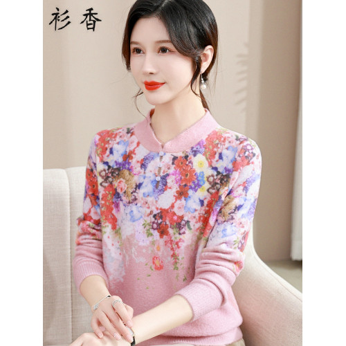 媽媽秋冬裝新款水貂絨加厚毛衣中年女式旗袍領上衣保暖內搭打底衫