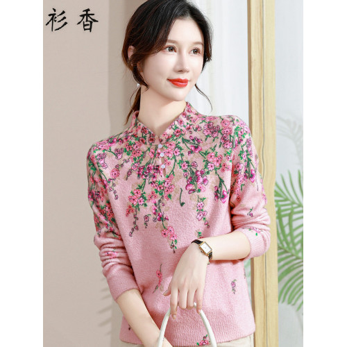 媽媽秋冬裝新款水貂絨加厚毛衣中年女式旗袍領上衣保暖內搭打底衫