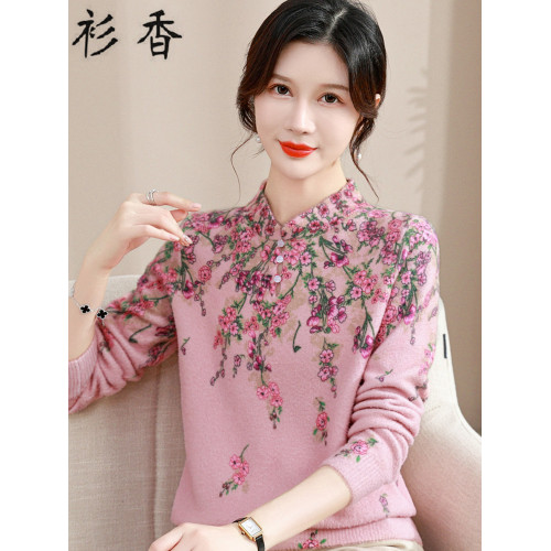 媽媽秋冬裝新款水貂絨加厚毛衣中年女式旗袍領上衣保暖內搭打底衫
