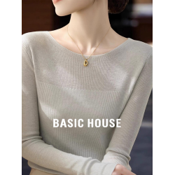 Basic House/百家好法式一字領針織衫女士春季圓領修身內搭打底衫
