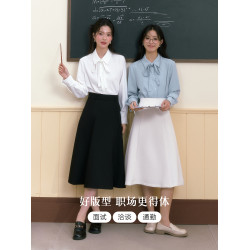 藍色襯衫飄帶蝴蝶結職業考公教資面試穿搭通勤正裝女襯衣雪紡上衣