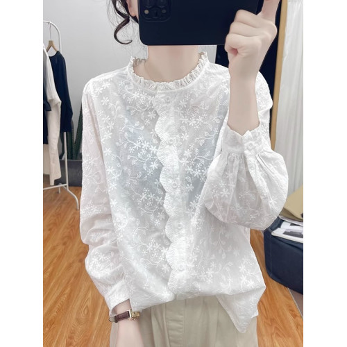 ～女裝純棉木耳領蕾絲刺長袖襯衫女打底衫春新款襯衣上衣