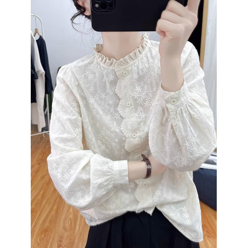 ～女裝純棉木耳領蕾絲刺長袖襯衫女打底衫春新款襯衣上衣