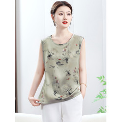 香雲紗仿真絲新款夏季圓領背心打底衫中年女寬松坎肩薄款無袖上衣