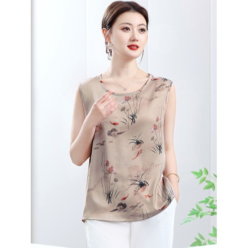 香雲紗仿真絲新款夏季圓領背心打底衫中年女寬松坎肩薄款無袖上衣
