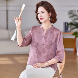 中老年媽媽裝夏季新款洋氣時尚氣質顯瘦寬松打底衫小衫上衣女V領