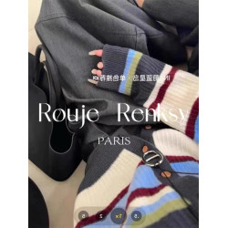 法國rouje renksy針織開衫V領條紋撞色軟糯羊絨打底衫女春季百搭