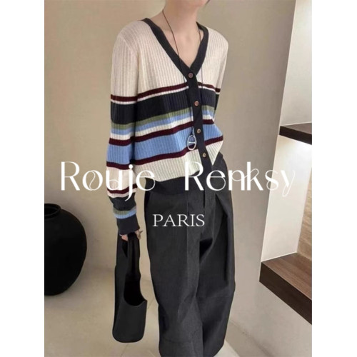 法國rouje renksy針織開衫V領條紋撞色軟糯羊絨打底衫女春季百搭